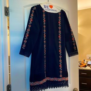 Neiman Marcus brand dress. Navy with red and gold embroidery. Size XS